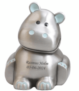 Nordahl Andersen Flodhest sparebøsse blå fortinnet - dåbsgave